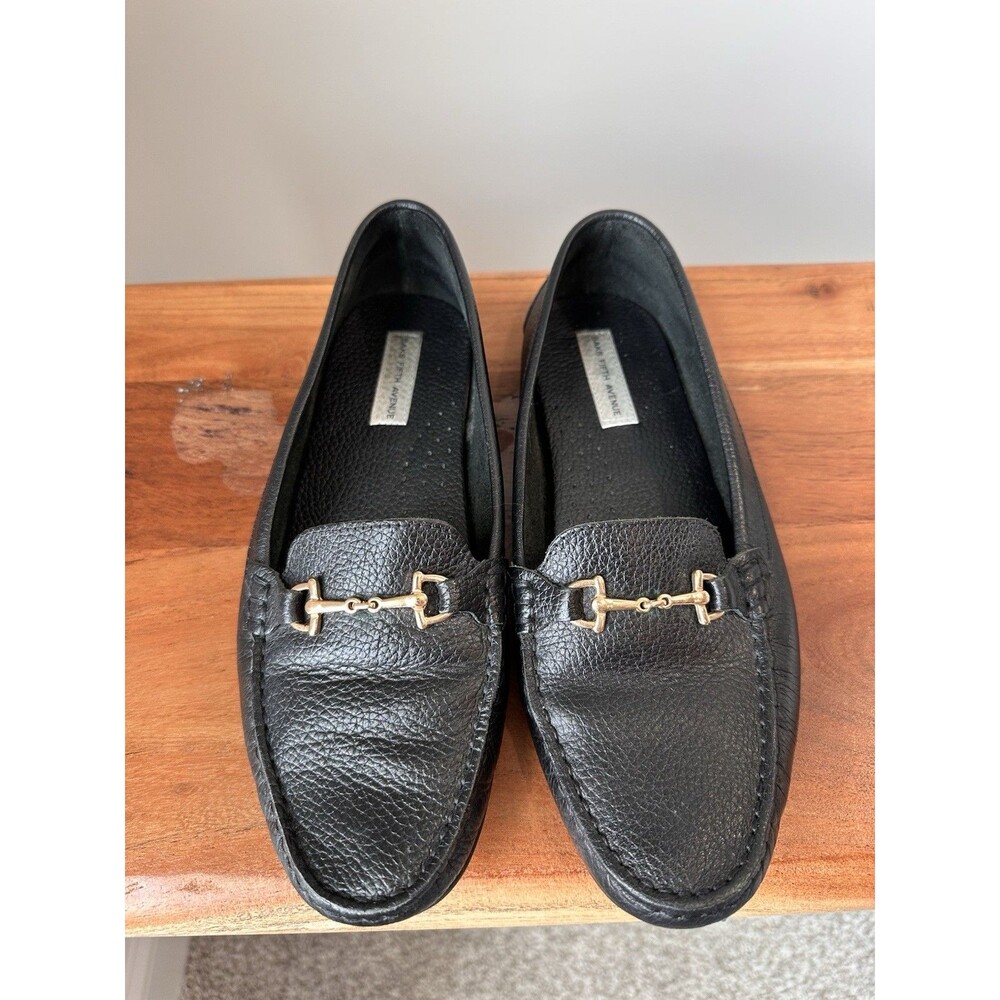 Saks Fifth Avenue Black Pebble Leather Horsebit Loafers Driving Shoes Women 9.5